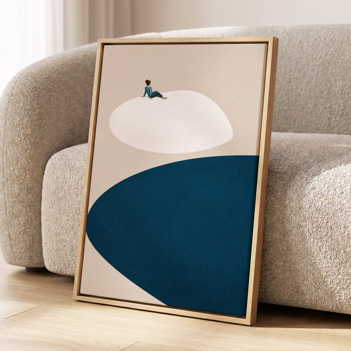 A Pause Above Blue, beige, white, blue minimalist wall art displayed in a styled interior, gallery view 8