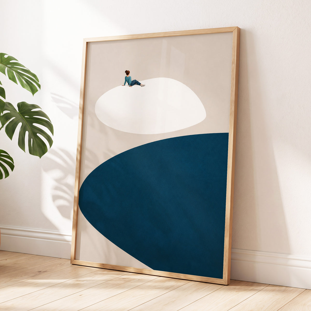 A Pause Above Blue, beige, white, blue minimalist wall art displayed in a styled interior, gallery view 9