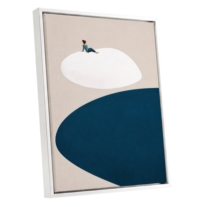 A Pause Above Blue, beige, white, blue minimalist wall art shown as a white framed canvas wall art