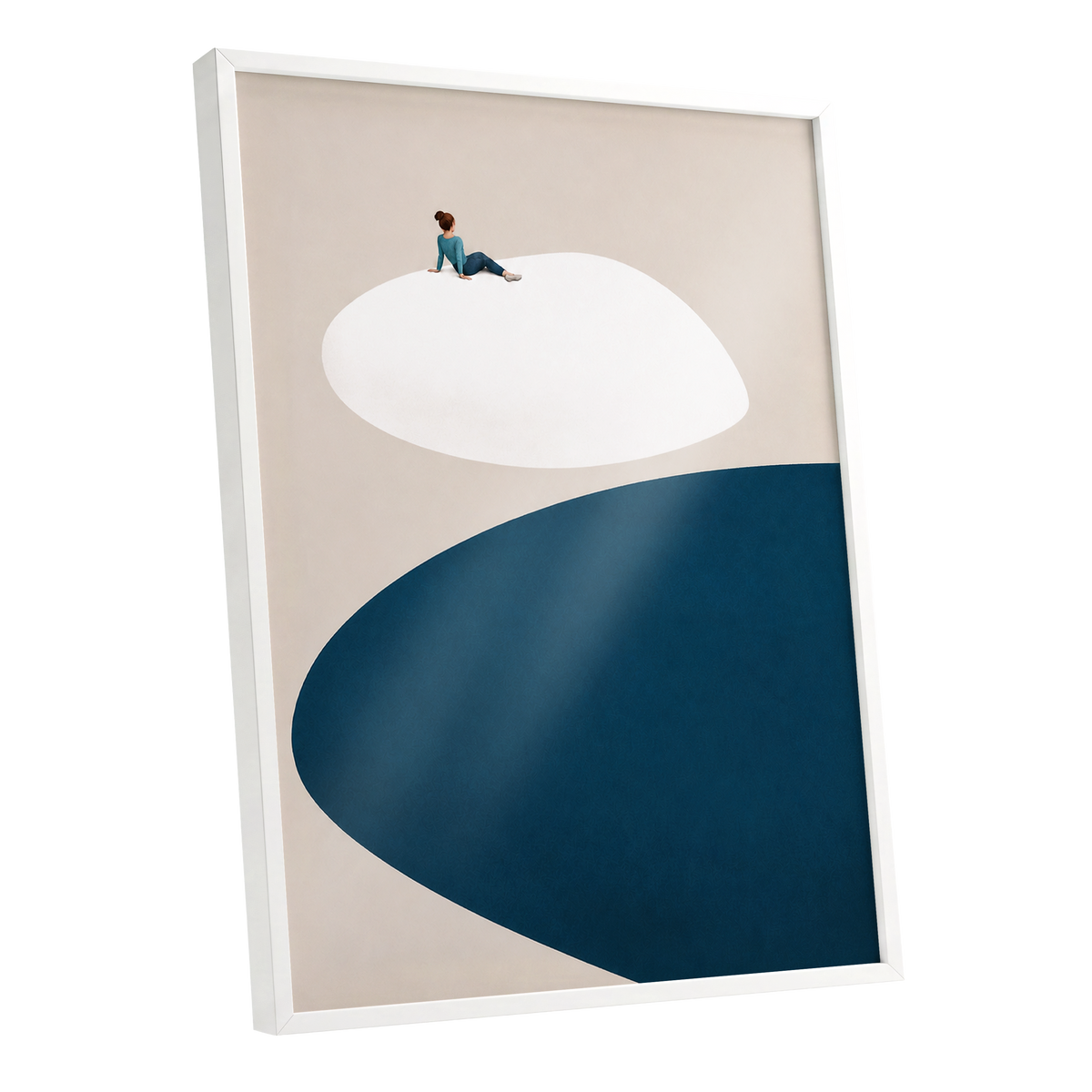 A Pause Above Blue, beige, white, blue minimalist wall art shown as a white framed poster wall art print