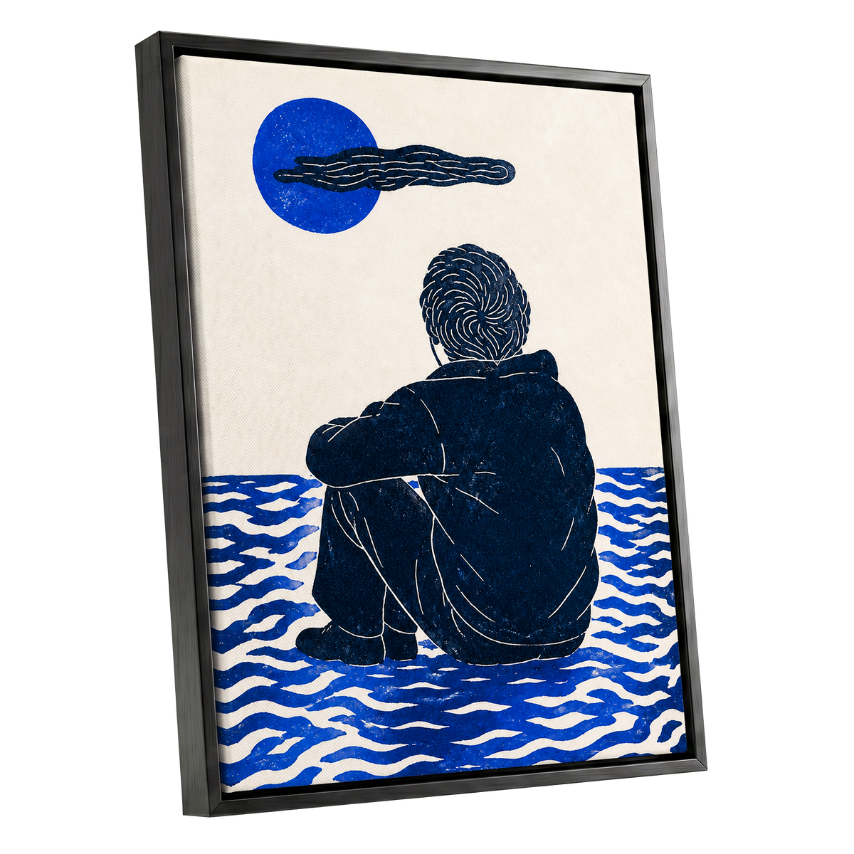 A Pause in Blue, blue, black, beige minimalist wall art shown as a black framed canvas wall art