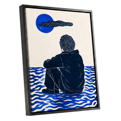 A Pause in Blue, blue, black, beige minimalist wall art shown as a black framed canvas wall art
