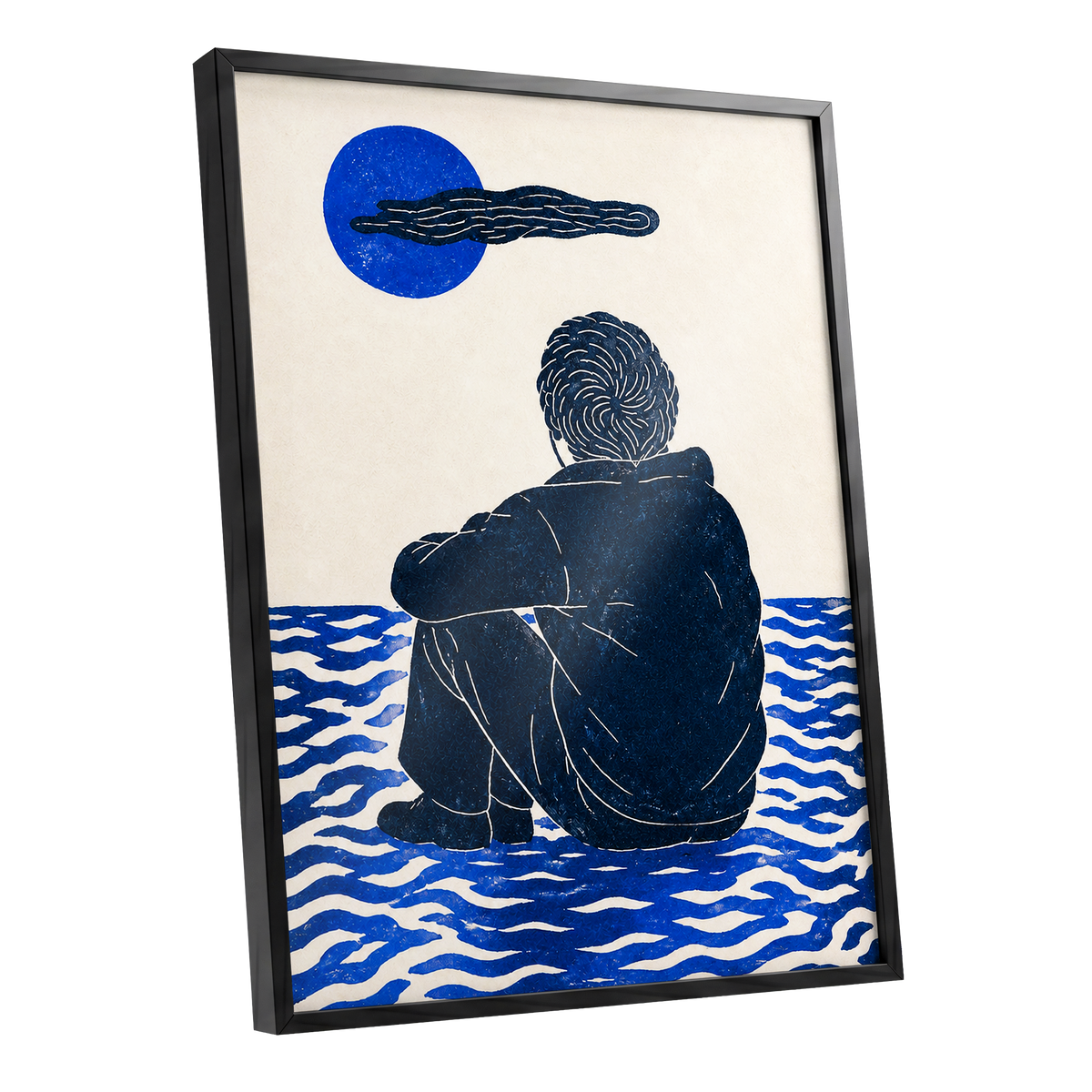 A Pause in Blue, blue, black, beige minimalist wall art shown as a black framed poster wall art print
