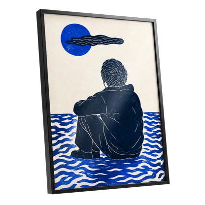 A Pause in Blue, blue, black, beige minimalist wall art shown as a black framed poster wall art print