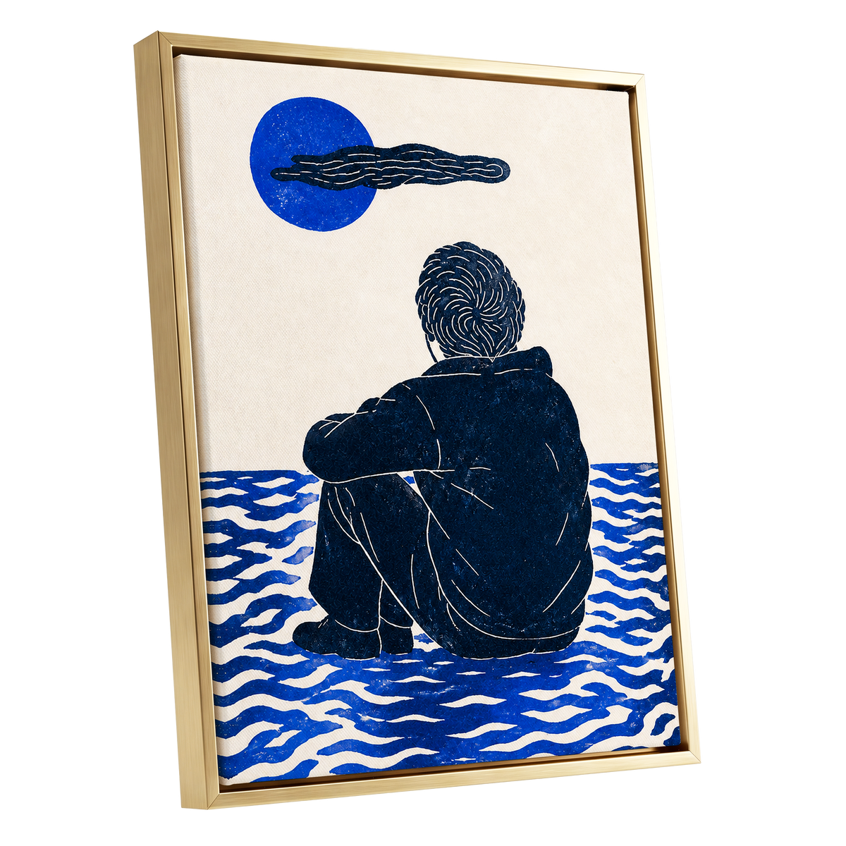 A Pause in Blue, blue, black, beige minimalist wall art shown as a gold framed canvas wall art