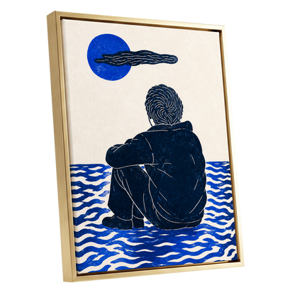 A Pause in Blue, blue, black, beige minimalist wall art shown as a gold framed canvas wall art