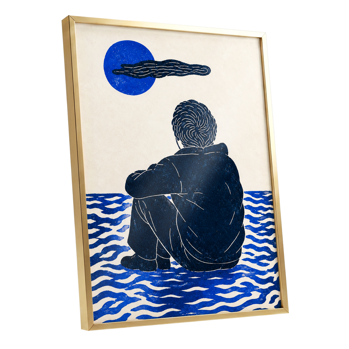 A Pause in Blue, blue, black, beige minimalist wall art shown as a gold framed poster wall art print