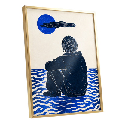 A Pause in Blue, blue, black, beige minimalist wall art shown as a gold framed poster wall art print