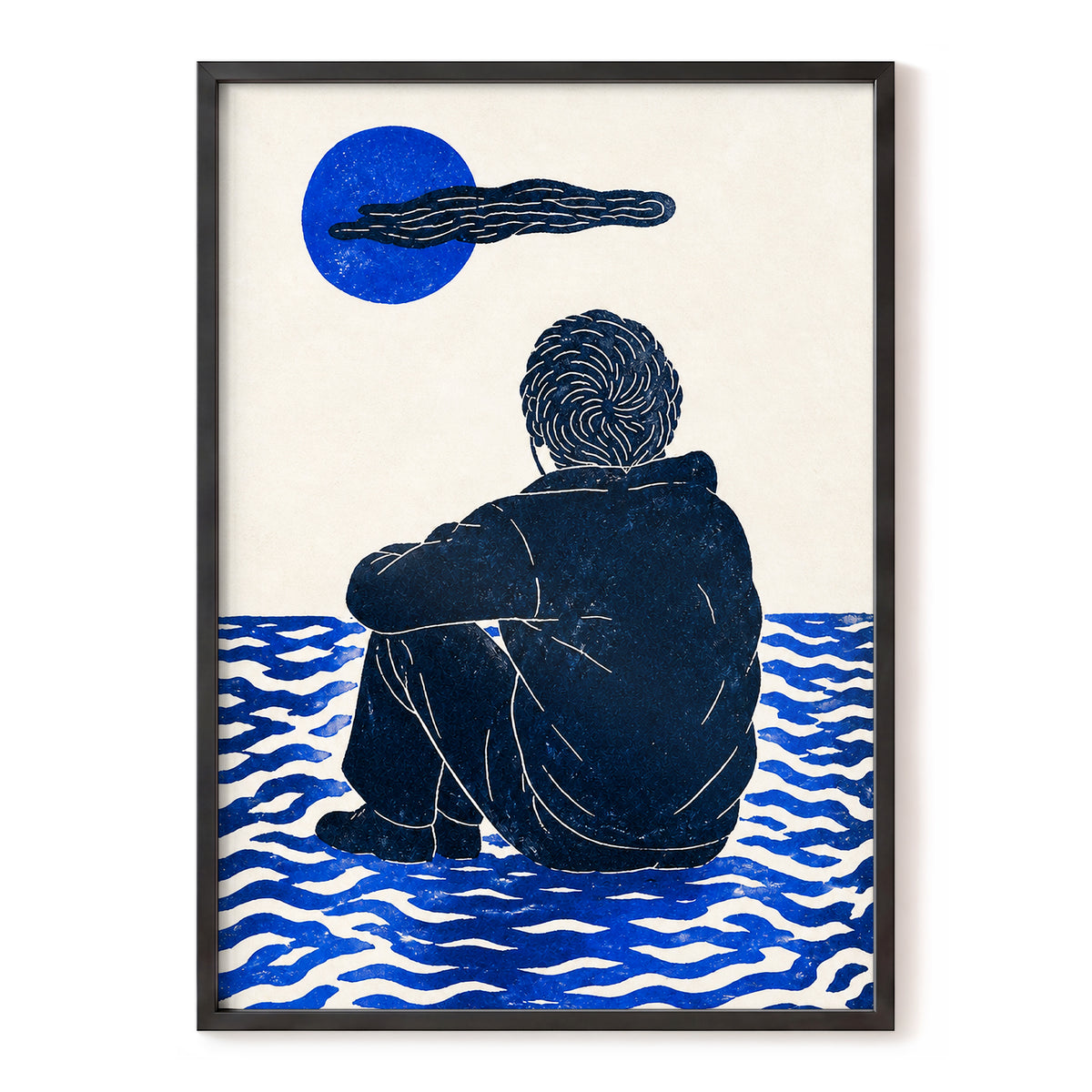 A Pause in Blue, blue, black, beige minimalist wall art, front artwork view