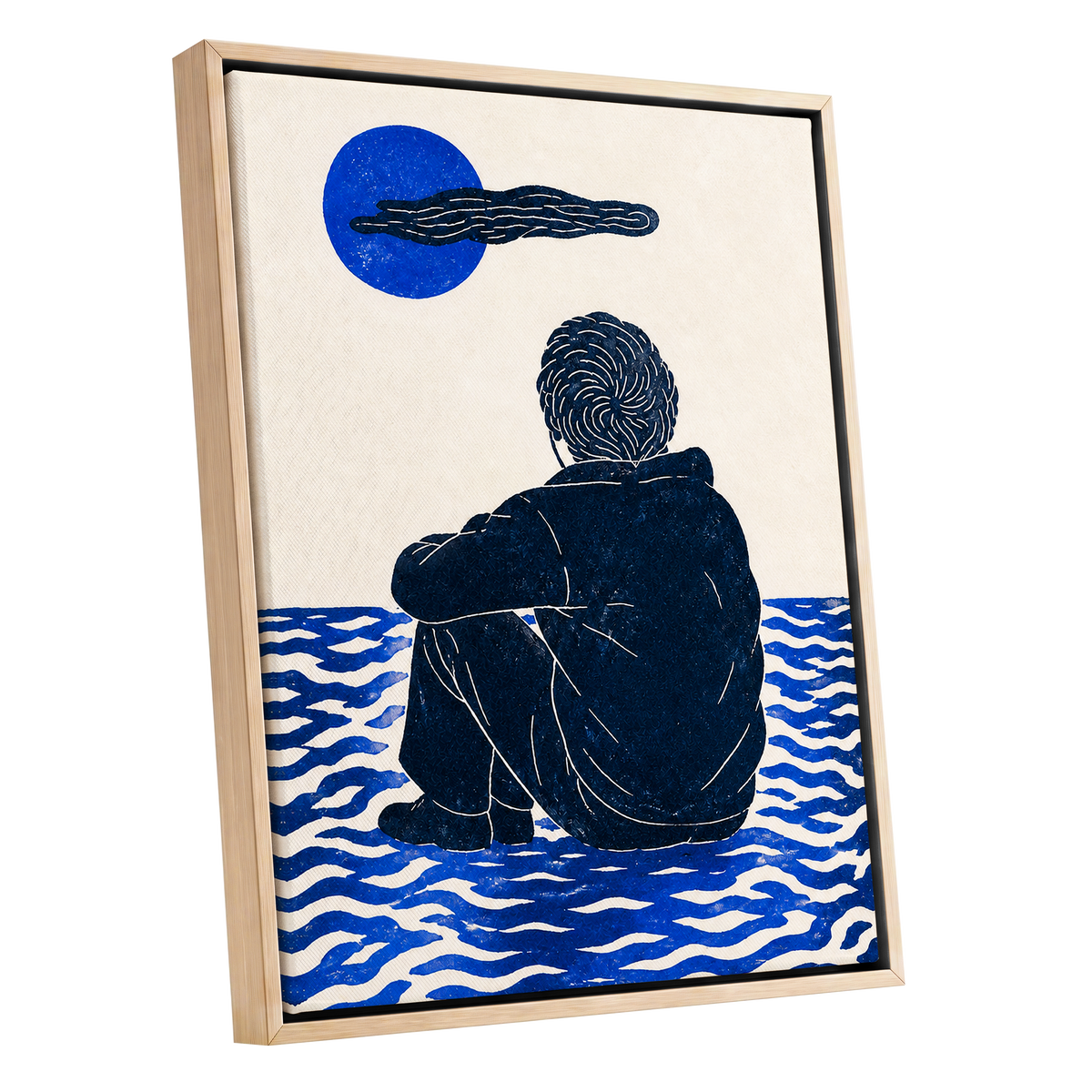 A Pause in Blue, blue, black, beige minimalist wall art shown as a oak framed canvas wall art