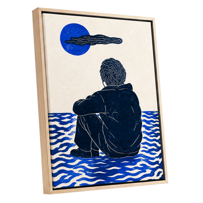 A Pause in Blue, blue, black, beige minimalist wall art shown as a oak framed canvas wall art