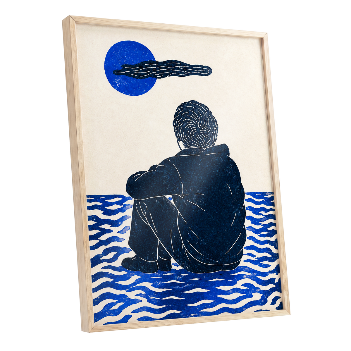 A Pause in Blue, blue, black, beige minimalist wall art shown as a oak framed poster wall art print