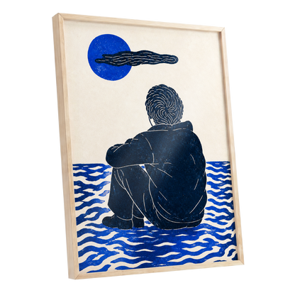 A Pause in Blue, blue, black, beige minimalist wall art shown as a oak framed poster wall art print