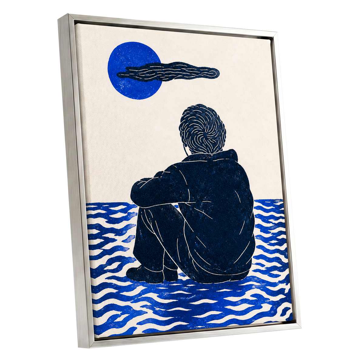 A Pause in Blue, blue, black, beige minimalist wall art shown as a silver framed canvas wall art