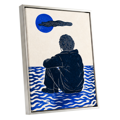 A Pause in Blue, blue, black, beige minimalist wall art shown as a silver framed canvas wall art