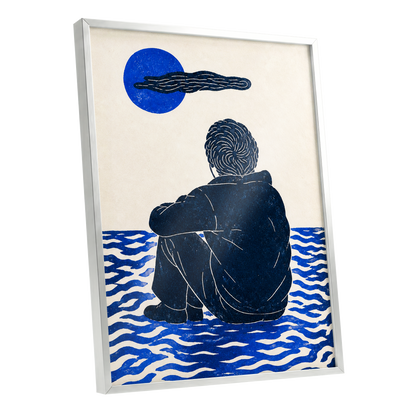 A Pause in Blue, blue, black, beige minimalist wall art shown as a silver framed poster wall art print