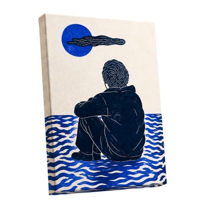 A Pause in Blue, blue, black, beige minimalist wall art shown as a stretched canvas wall art