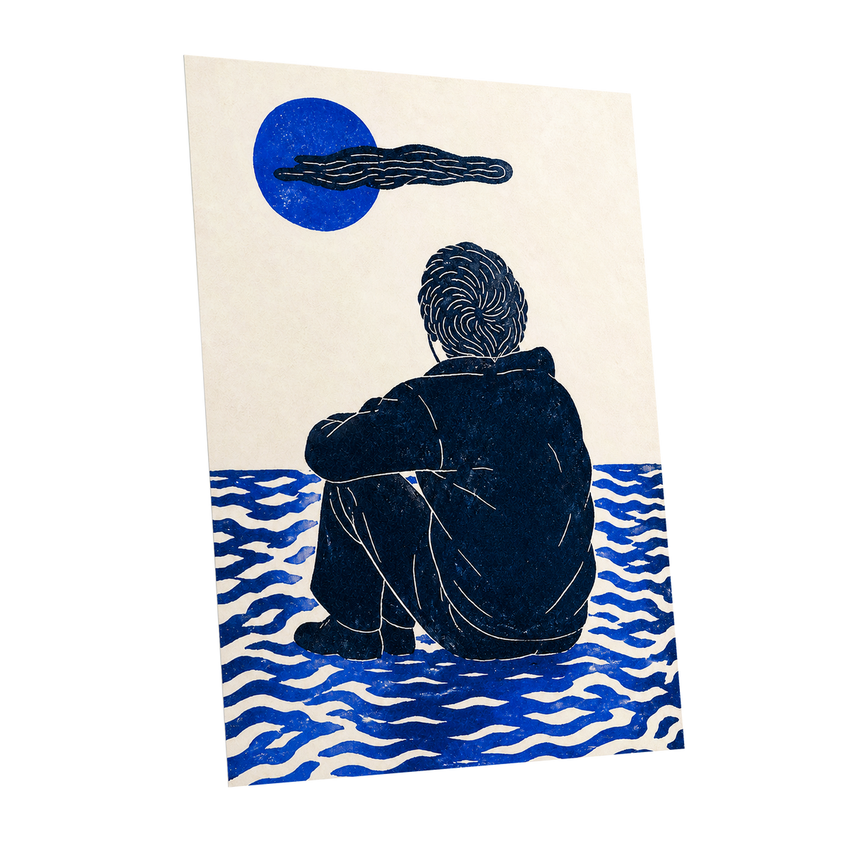 A Pause in Blue, blue, black, beige minimalist wall art shown as a unframed poster wall art print