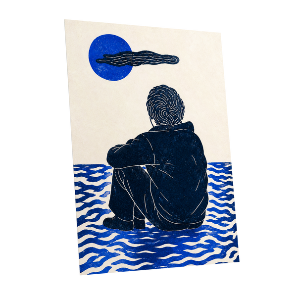 A Pause in Blue, blue, black, beige minimalist wall art shown as a unframed poster wall art print