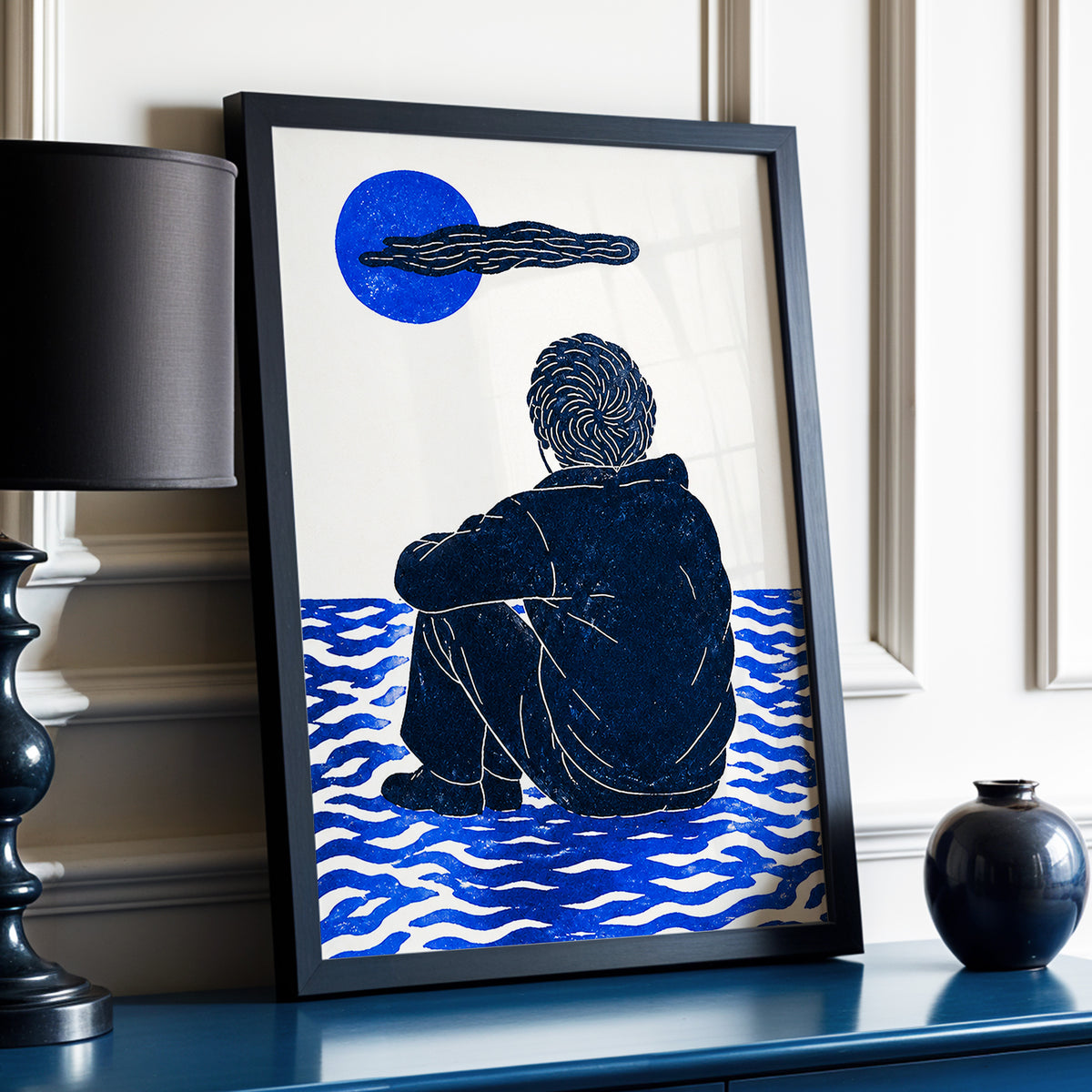 A Pause in Blue, blue, black, beige minimalist wall art displayed in a styled interior, gallery view 2