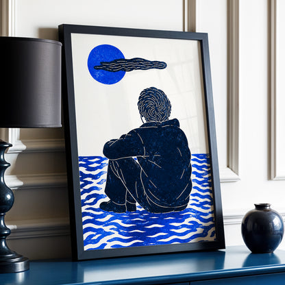 A Pause in Blue, blue, black, beige minimalist wall art displayed in a styled interior, gallery view 2