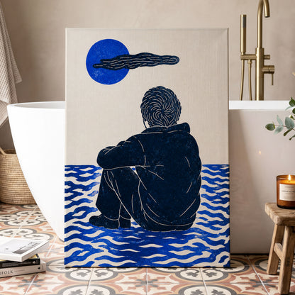 A Pause in Blue, blue, black, beige minimalist wall art displayed in a styled interior, gallery view 3