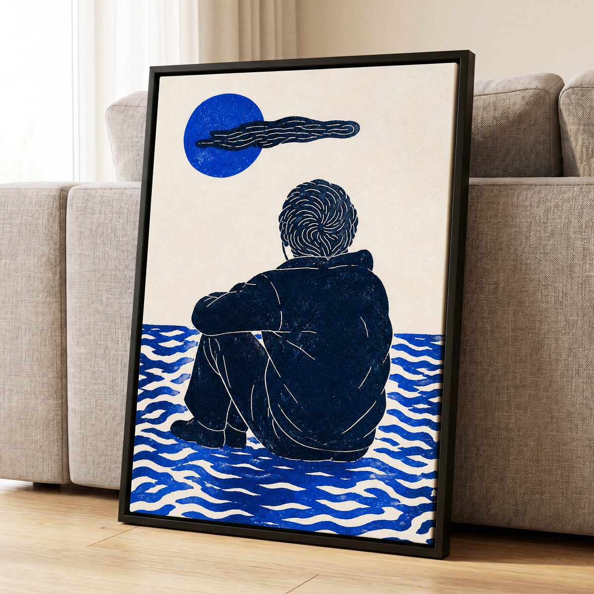A Pause in Blue, blue, black, beige minimalist wall art displayed in a styled interior, gallery view 4