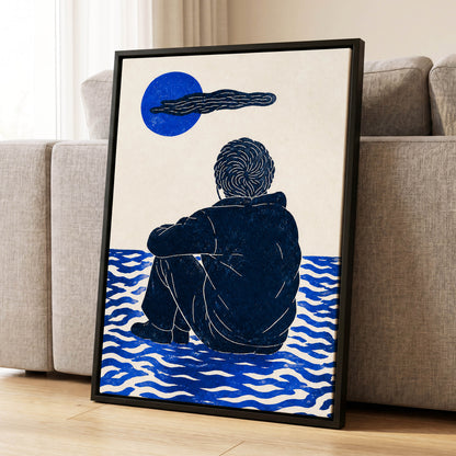 A Pause in Blue, blue, black, beige minimalist wall art displayed in a styled interior, gallery view 4