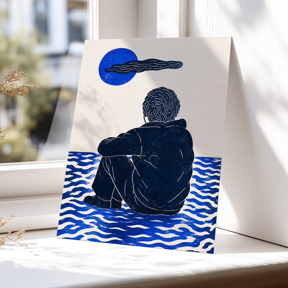 A Pause in Blue, blue, black, beige minimalist wall art displayed in a styled interior, gallery view 5