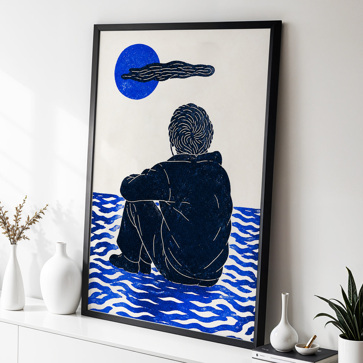 A Pause in Blue, blue, black, beige minimalist wall art displayed in a styled interior, gallery view 6