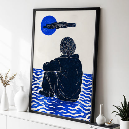 A Pause in Blue, blue, black, beige minimalist wall art displayed in a styled interior, gallery view 6