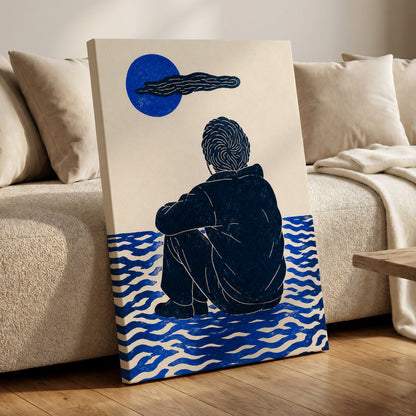 A Pause in Blue, blue, black, beige minimalist wall art displayed in a styled interior, gallery view 7