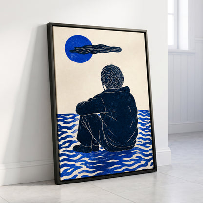 A Pause in Blue, blue, black, beige minimalist wall art displayed in a styled interior, gallery view 8