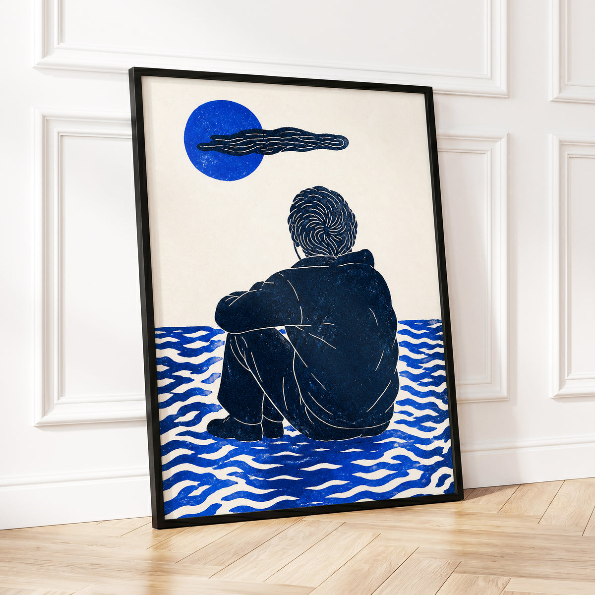 A Pause in Blue, blue, black, beige minimalist wall art displayed in a styled interior, gallery view 9