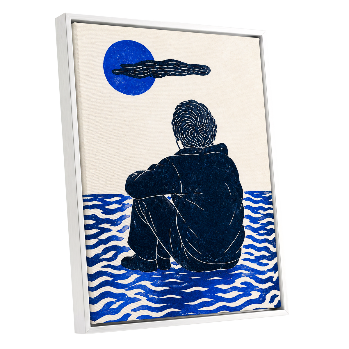 A Pause in Blue, blue, black, beige minimalist wall art shown as a white framed canvas wall art