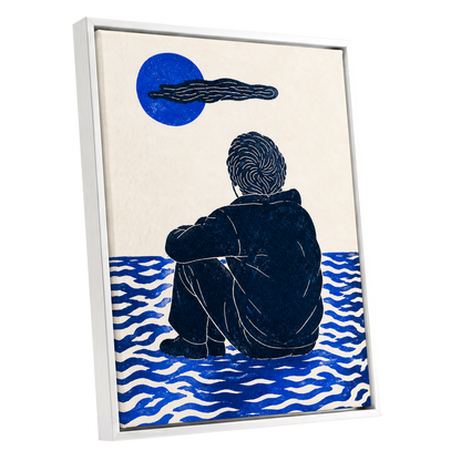 A Pause in Blue, blue, black, beige minimalist wall art shown as a white framed canvas wall art