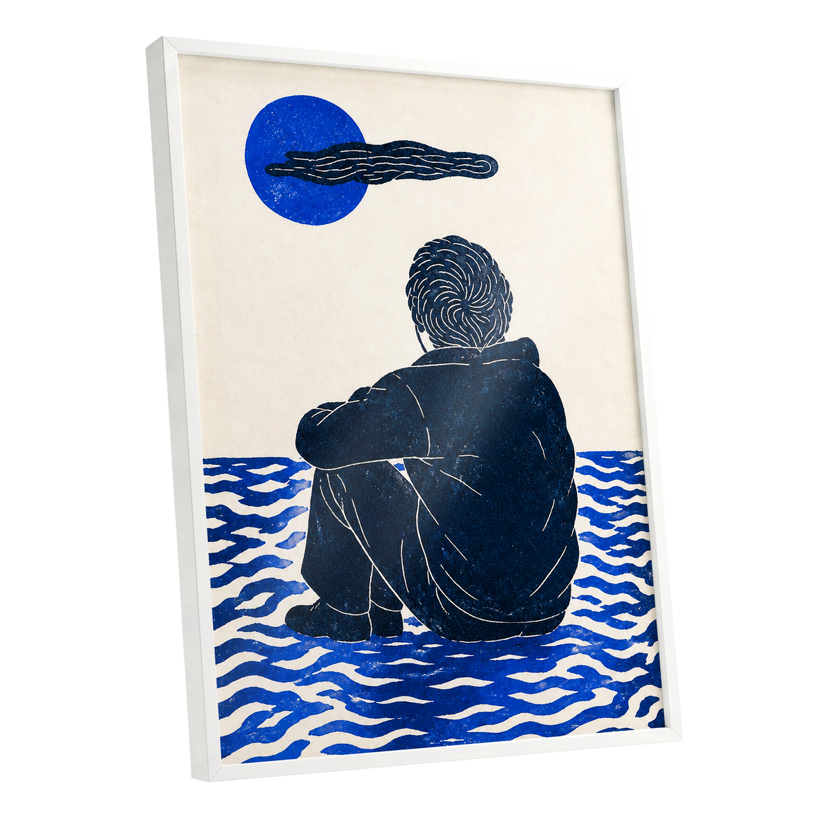 A Pause in Blue, blue, black, beige minimalist wall art shown as a white framed poster wall art print