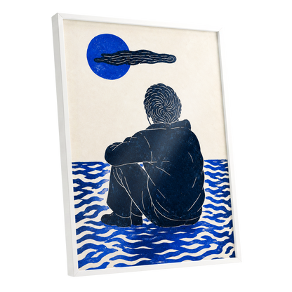 A Pause in Blue, blue, black, beige minimalist wall art shown as a white framed poster wall art print