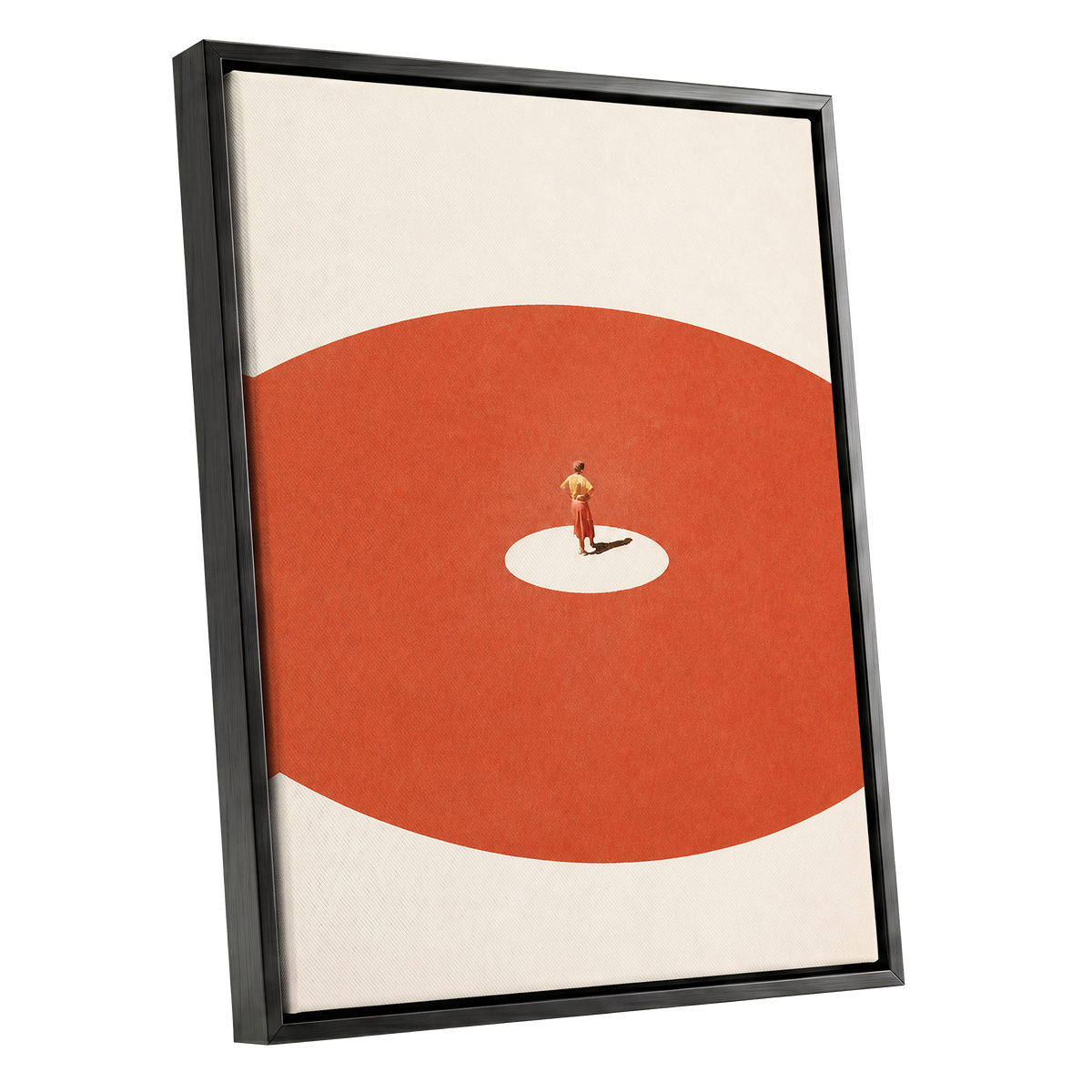 A Quiet Centre, orange, beige, red minimalist wall art shown as a black framed canvas wall art