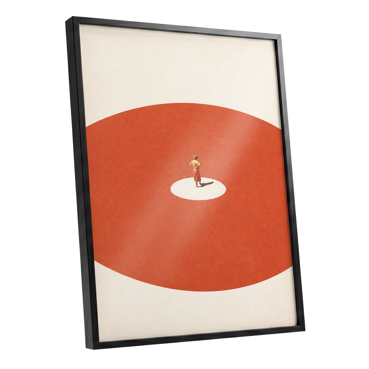 A Quiet Centre, orange, beige, red minimalist wall art shown as a black framed poster wall art print