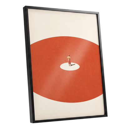 A Quiet Centre, orange, beige, red minimalist wall art shown as a black framed poster wall art print