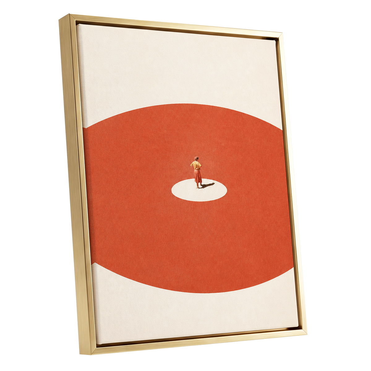 A Quiet Centre, orange, beige, red minimalist wall art shown as a gold framed canvas wall art