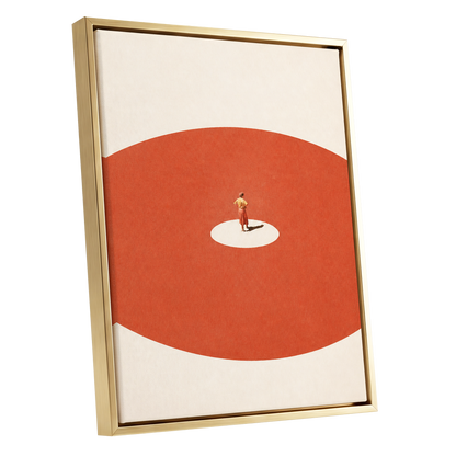A Quiet Centre, orange, beige, red minimalist wall art shown as a gold framed canvas wall art