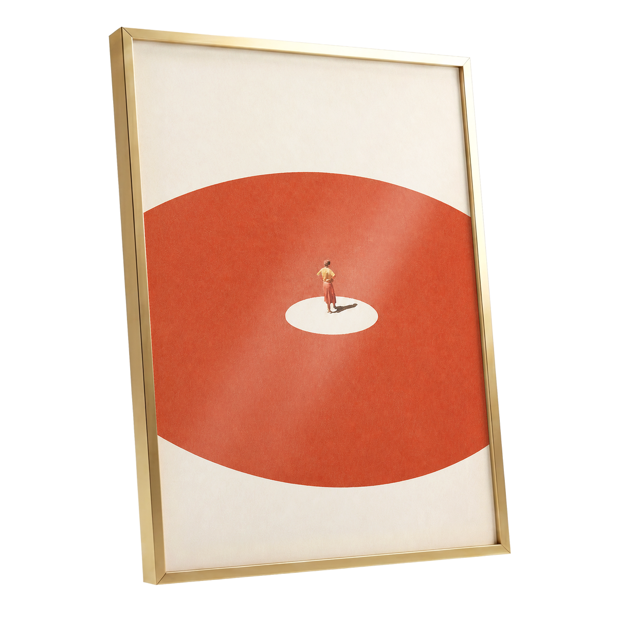 A Quiet Centre, orange, beige, red minimalist wall art shown as a gold framed poster wall art print