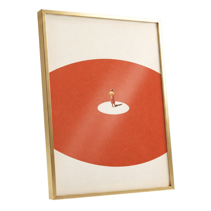 A Quiet Centre, orange, beige, red minimalist wall art shown as a gold framed poster wall art print