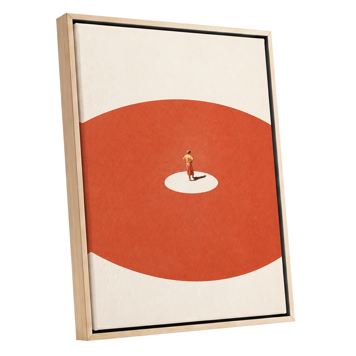 A Quiet Centre, orange, beige, red minimalist wall art shown as a oak framed canvas wall art