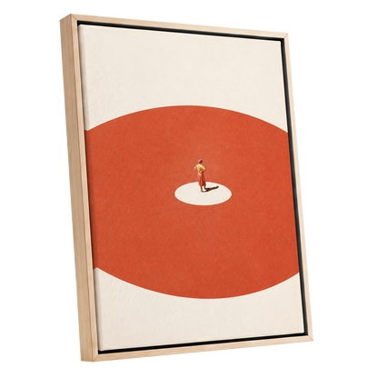 A Quiet Centre, orange, beige, red minimalist wall art shown as a oak framed canvas wall art