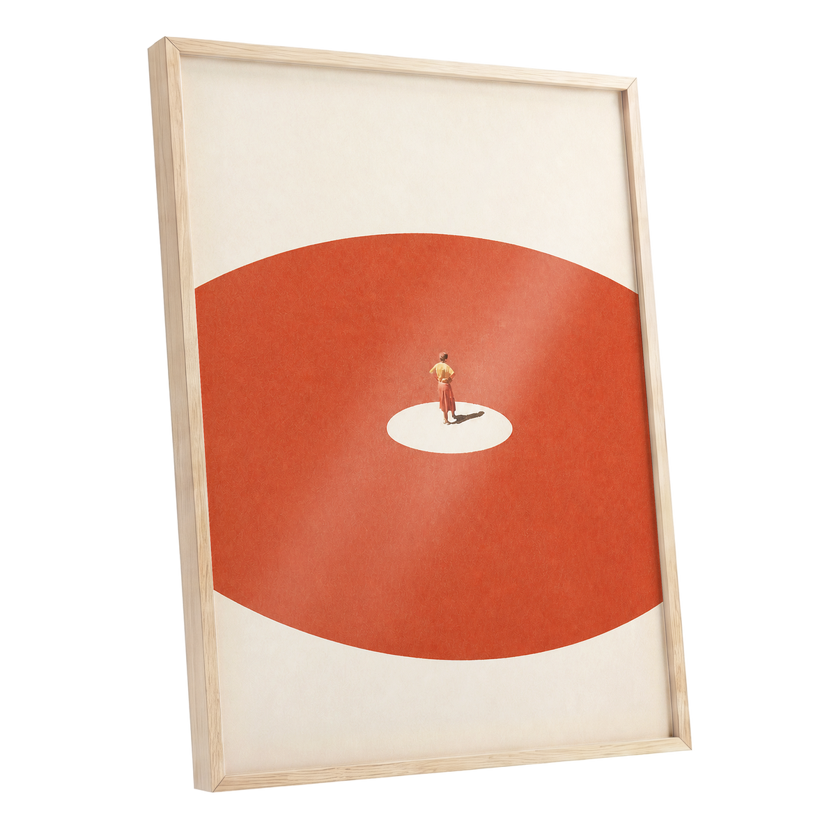 A Quiet Centre, orange, beige, red minimalist wall art shown as a oak framed poster wall art print