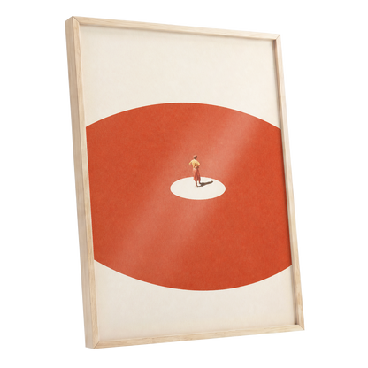 A Quiet Centre, orange, beige, red minimalist wall art shown as a oak framed poster wall art print