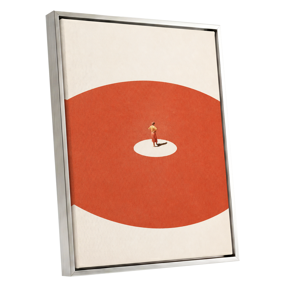 A Quiet Centre, orange, beige, red minimalist wall art shown as a silver framed canvas wall art